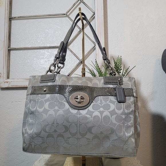 Coach Handbags - Coach Penelope Grey Signature Logo Carryall Canvas Bag with Embossed Snakeskin